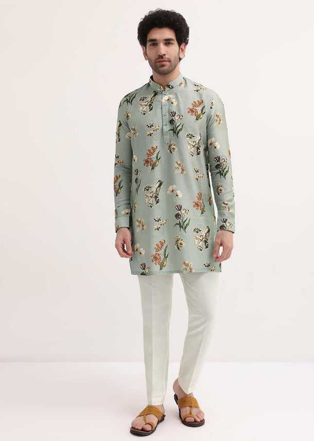 Grey Floral Printed Silk Short Kurta Set For Men