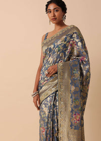 Grey Georgette Khaddi Saree With Banarasi Weave