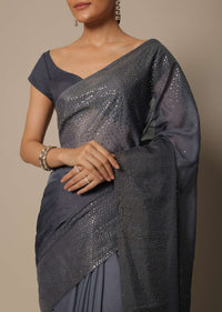 Grey Georgette Saree With Badla Work And Unstitched Blouse Piece