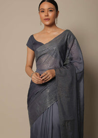 Grey Georgette Saree With Badla Work And Unstitched Blouse Piece