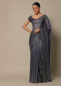 Grey Georgette Saree With Badla Work And Unstitched Blouse Piece