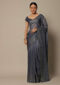 Grey Georgette Saree With Badla Work And Unstitched Blouse Piece