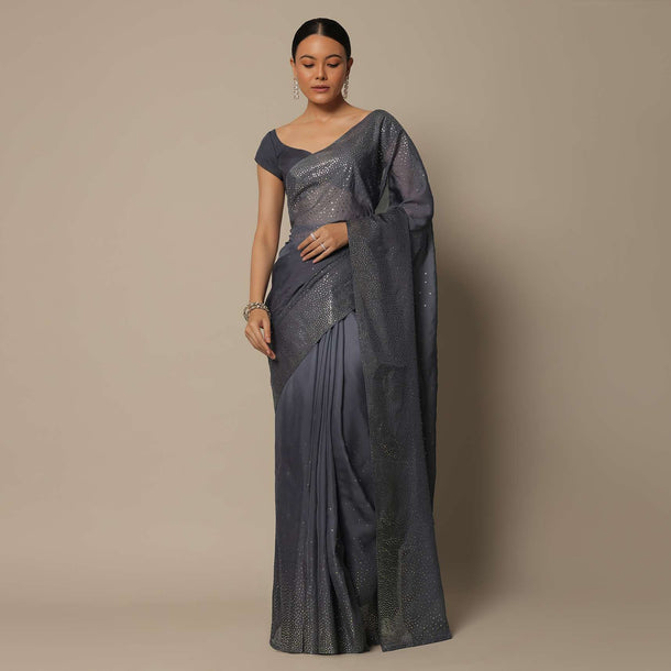Grey Georgette Saree With Badla Work And Unstitched Blouse Piece