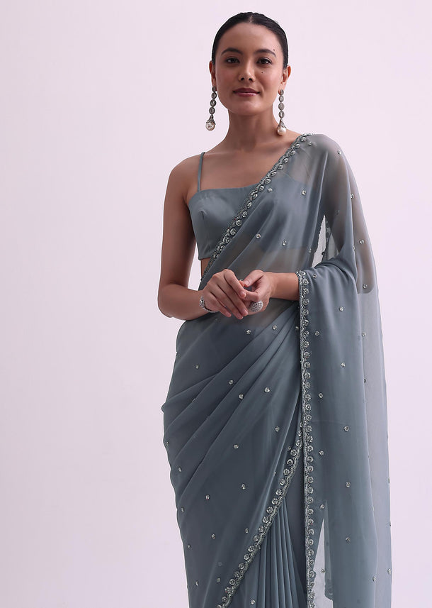 Grey georgette Saree With Sequins And Unstitched Blouse Fabric