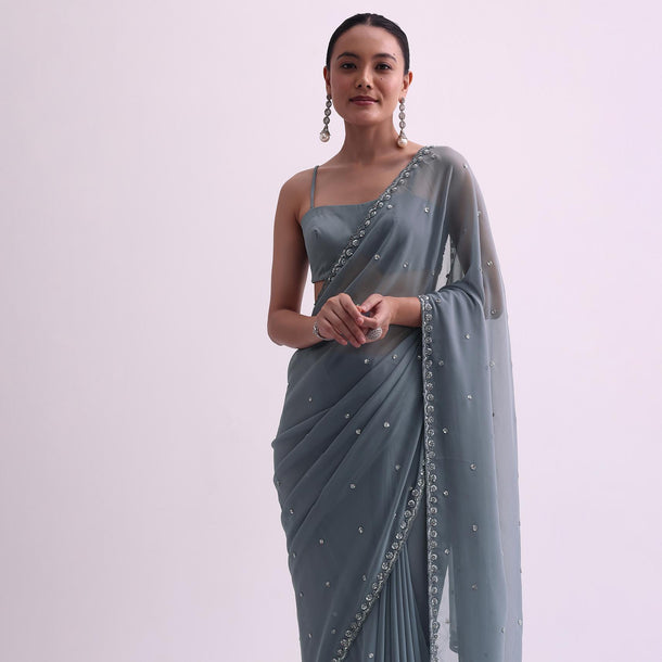 Grey georgette Saree With Sequins And Unstitched Blouse Fabric