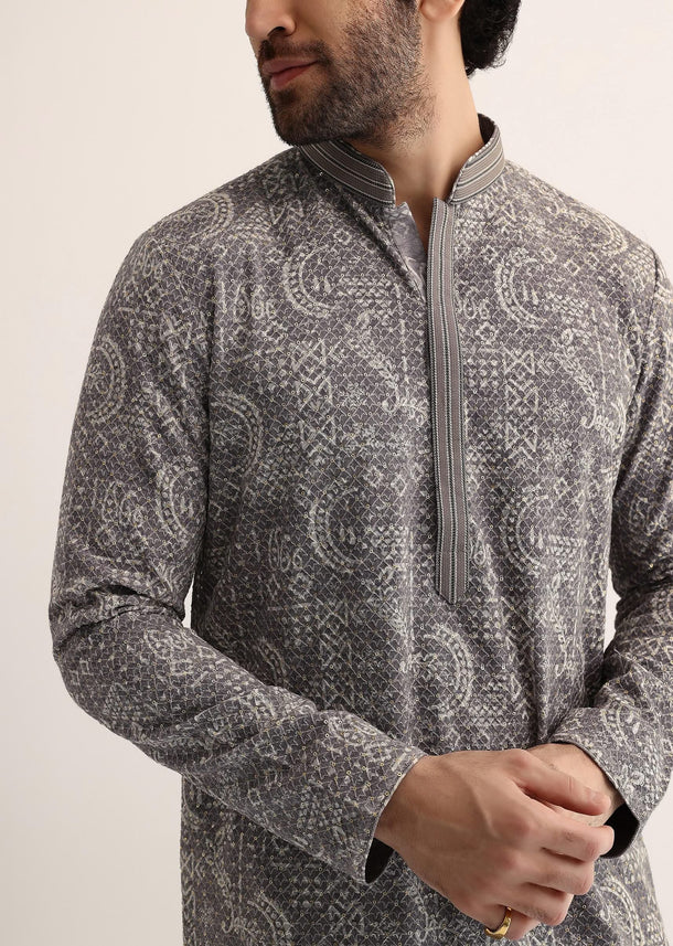 Grey Georgette Sequin Embroidered Kurta Set For Men