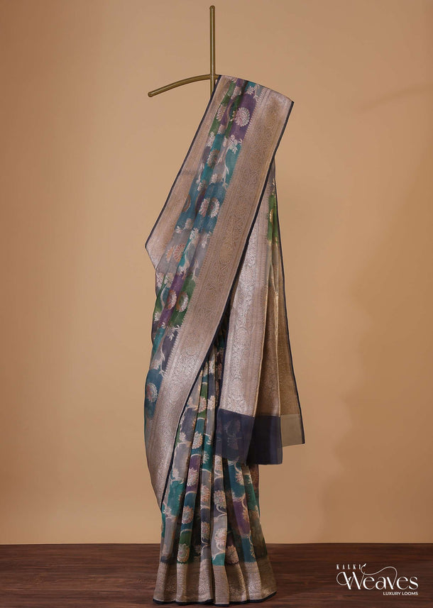 Fog Grey Zari Rangkat Weave Saree In Georgette With An Unstitched Blouse