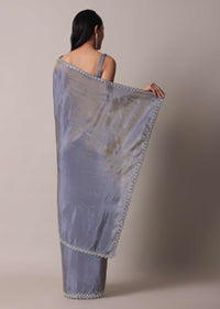 Grey Glass Tissue Saree With Mirror Work Border And Unstitched Blouse Piece