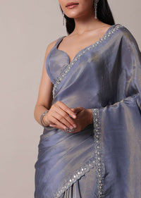 Grey Glass Tissue Saree With Mirror Work Border And Unstitched Blouse Piece