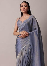 Grey Glass Tissue Saree With Mirror Work Border And Unstitched Blouse Piece