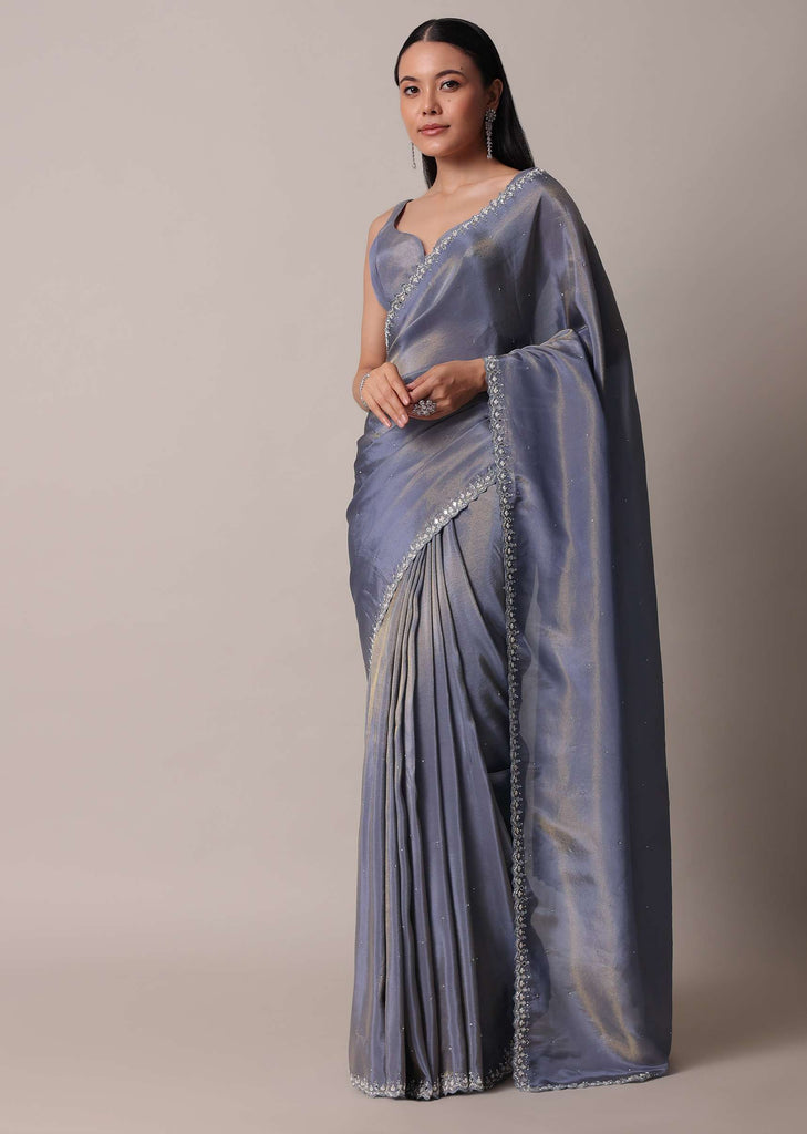 Grey Glass Tissue Saree With Mirror Work Border And Unstitched Blouse Piece