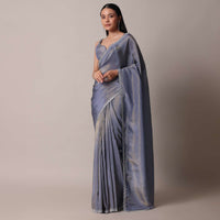 Grey Glass Tissue Saree With Mirror Work Border And Unstitched Blouse Piece