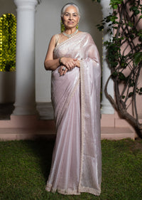 Grey Glass Tissue Silk Cutdana Work Saree With Embellished Scallop Border