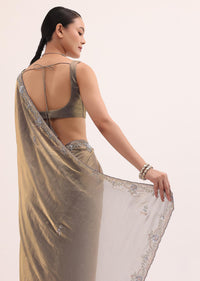 Grey Gold Satin Saree In Sequins With Unstitched Blouse