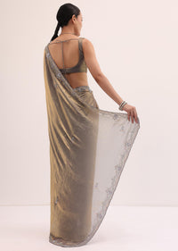 Grey Gold Satin Saree In Sequins With Unstitched Blouse