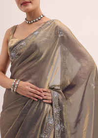 Grey Gold Satin Saree In Sequins With Unstitched Blouse