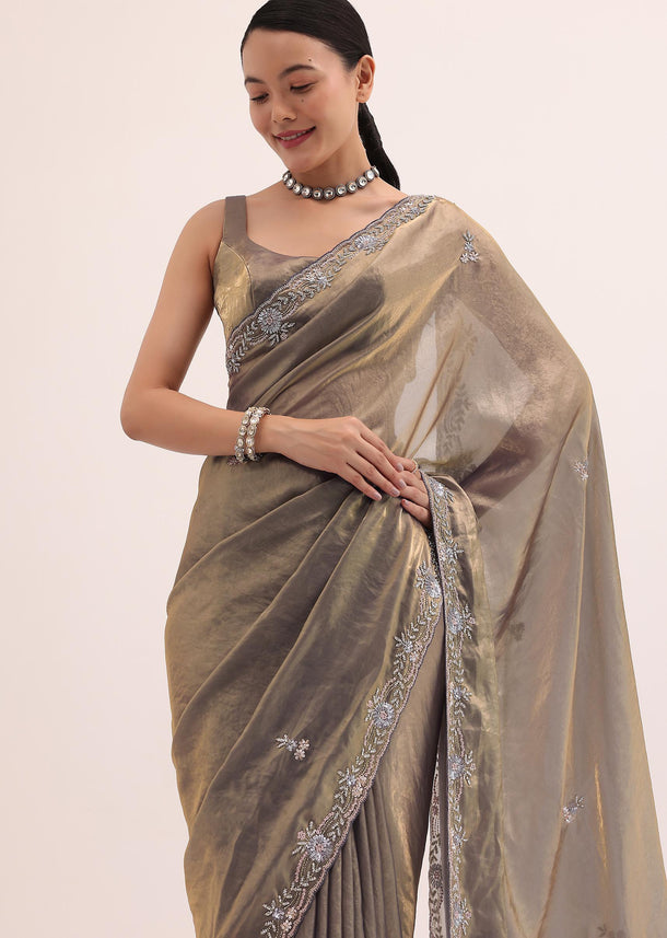 Grey Gold Satin Saree In Sequins With Unstitched Blouse