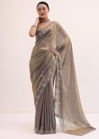 Grey Gold Satin Saree In Sequins With Unstitched Blouse