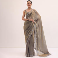 Grey Gold Satin Saree In Sequins With Unstitched Blouse