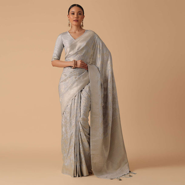 Grey Handloom Banarasi Saree With Woven Work And Unstitched Blouse Piece