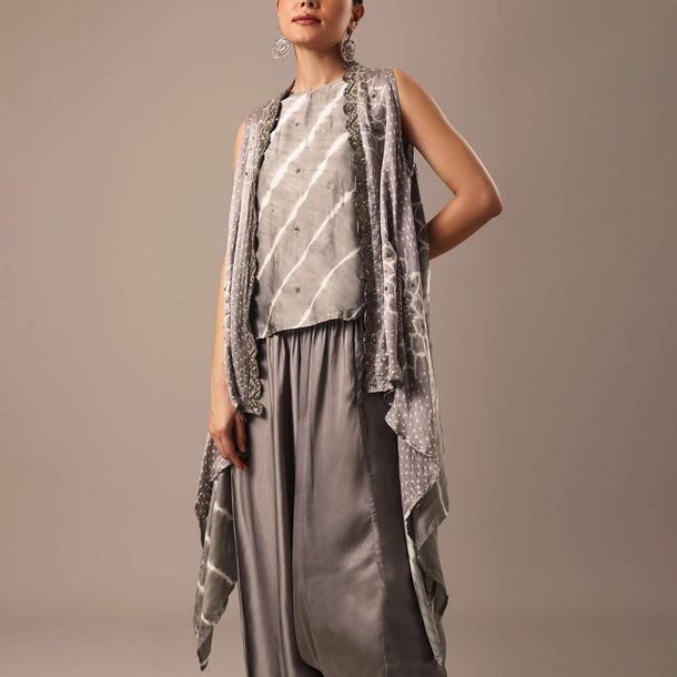 Grey Handmade Embellished Jacket And Dhoti Set With Bandhani Leheriya Work