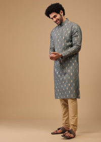 Grey Handwoven Silk Kurta Set With Printed Buttis