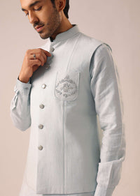 Grey Jacket And Kurta Set in Linen