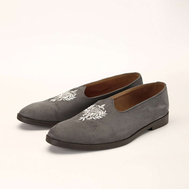 Grey Juttis In Suede With Zardosi Embroidered Motif