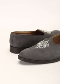 Grey Juttis In Suede With Zardosi Embroidered Motif