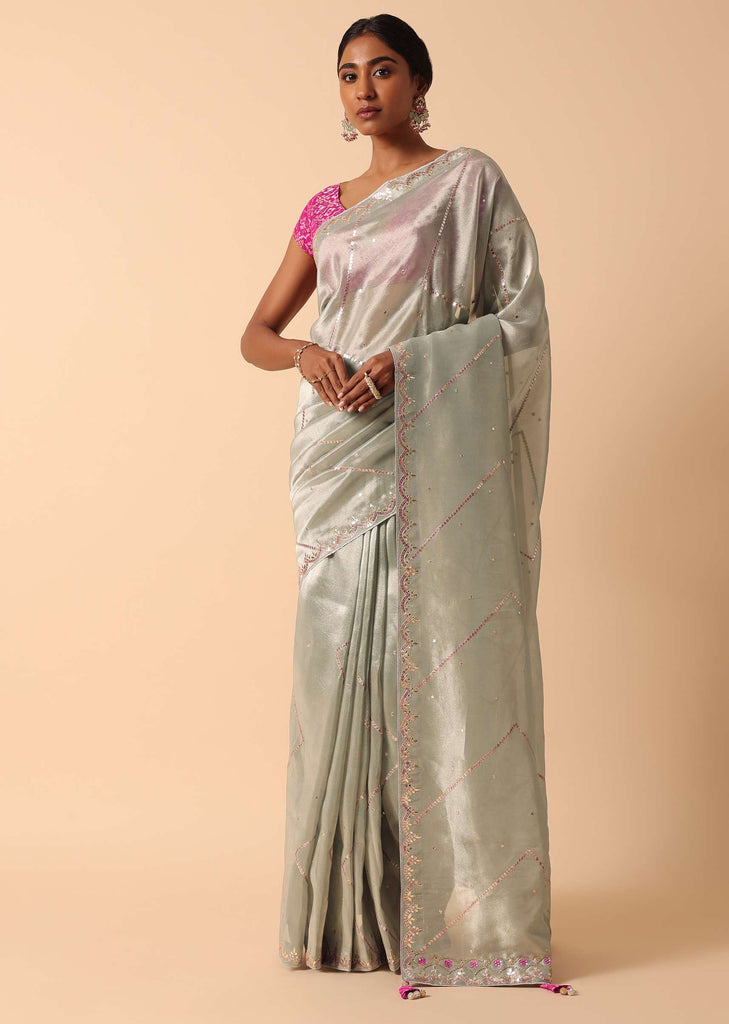 Grey Kora Silk Saree With Unstitched Blouse Fabric