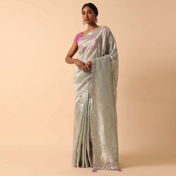 Grey Kora Silk Saree With Unstitched Blouse Fabric