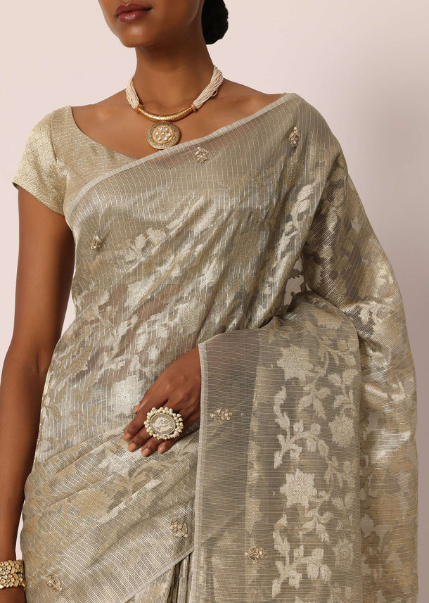 Grey Kora Silk Tissue Saree With Zari Jaal Floral Weave And Unstitched Blouse Piece