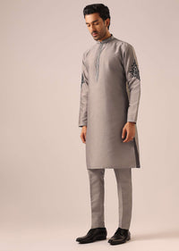 Grey Kurta And Jacket Set with Floral Hand Work And Beads