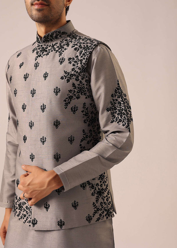 Grey Kurta And Jacket Set with Floral Hand Work And Beads