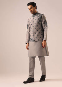 Grey Kurta And Jacket Set with Floral Hand Work And Beads