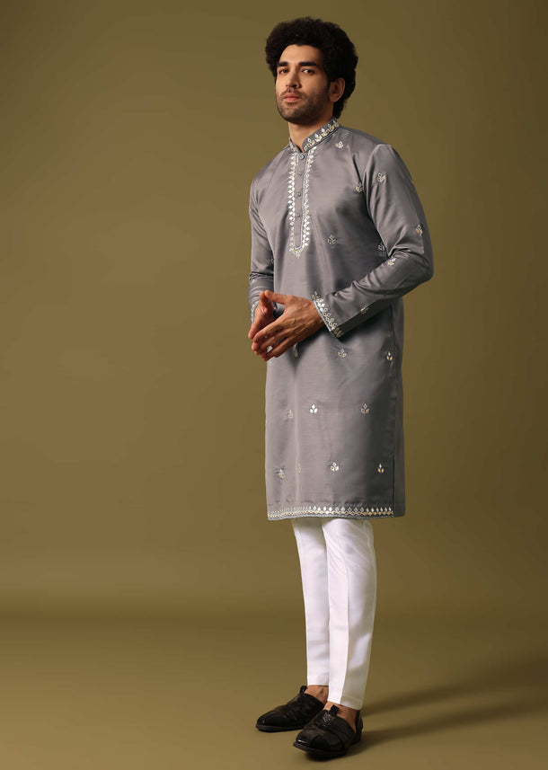 Grey Kurta Pant Set With Abla Work For Men