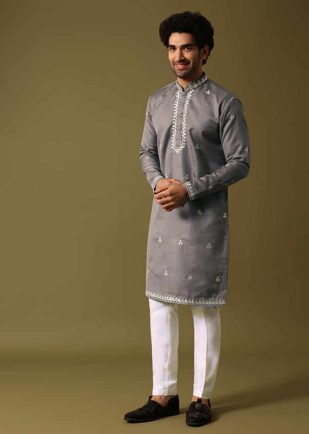 Grey Kurta Pant Set With Abla Work For Men