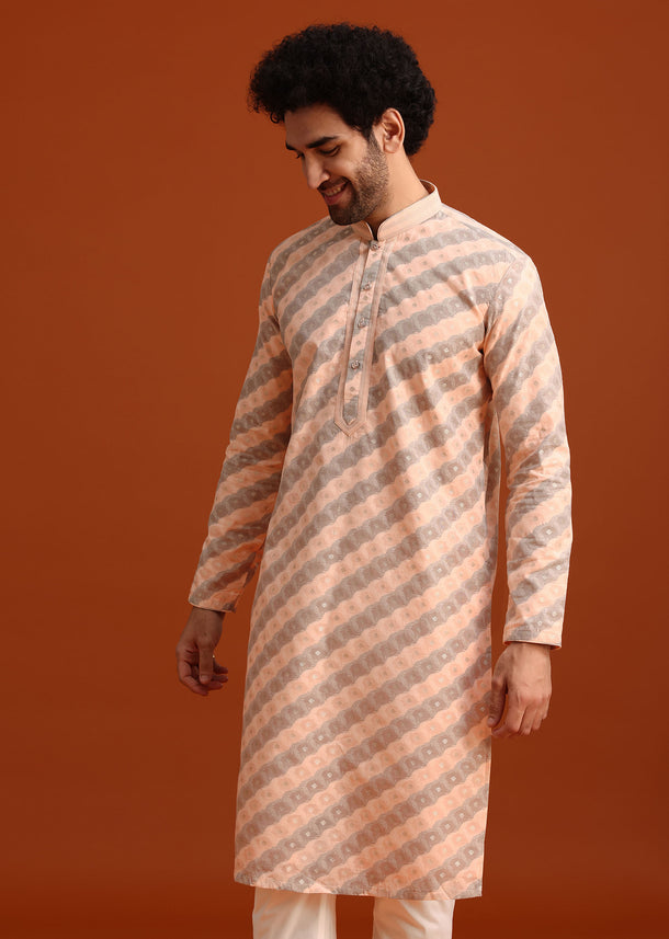 Grey Kurta Set With Striped Print