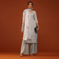 Grey Kurti Palazzo Set In Chanderi Silk With Gotta Work