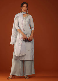 Grey Kurti Palazzo Set In Chanderi Silk With Gotta Work