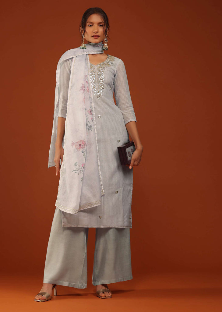 Grey Kurti Palazzo Set In Chanderi Silk With Gotta Work