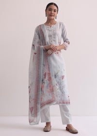 Grey Linen Floral Print Kurti Pant Set With Pearls