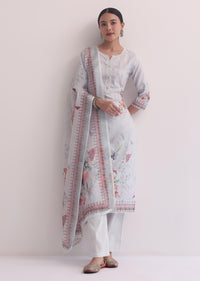 Grey Linen Floral Print Kurti Pant Set With Pearls