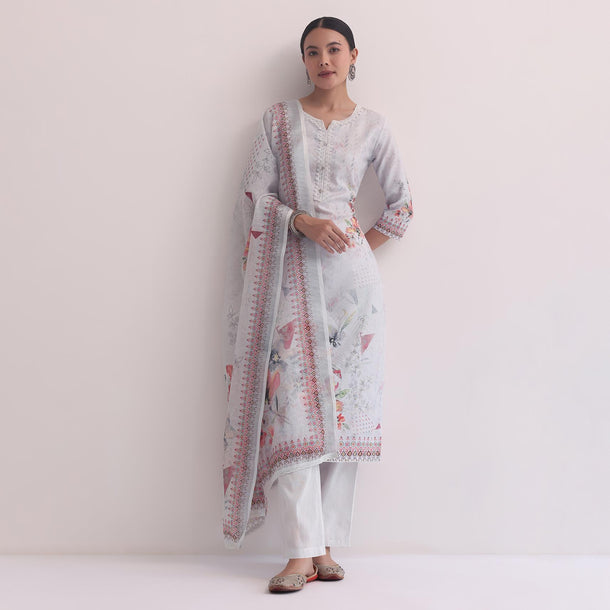 Grey Linen Floral Print Kurti Pant Set With Pearls