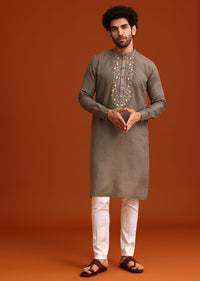 Grey Linen Floral Resham Hand Embroidered Kurta Set