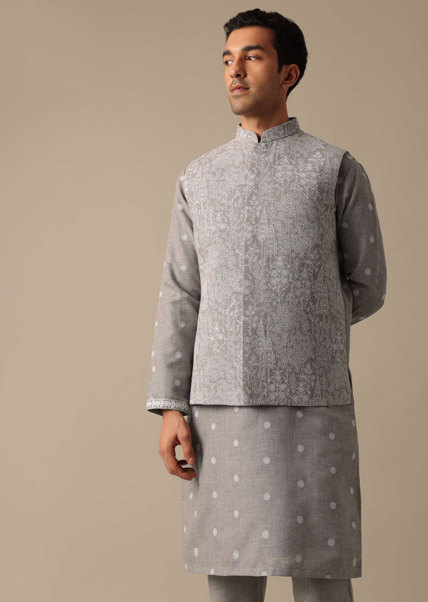 Grey Linen Jacket And Kurta Set