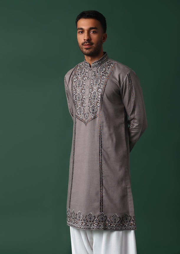 Grey Linen Kurta Set With Handwork Embroidery