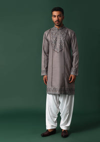 Grey Linen Kurta Set With Handwork Embroidery