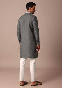 Grey Linen Kurta With Embroidered Yoke