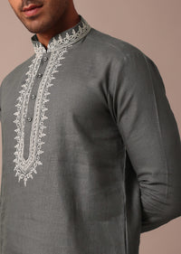Grey Linen Kurta With Embroidered Yoke